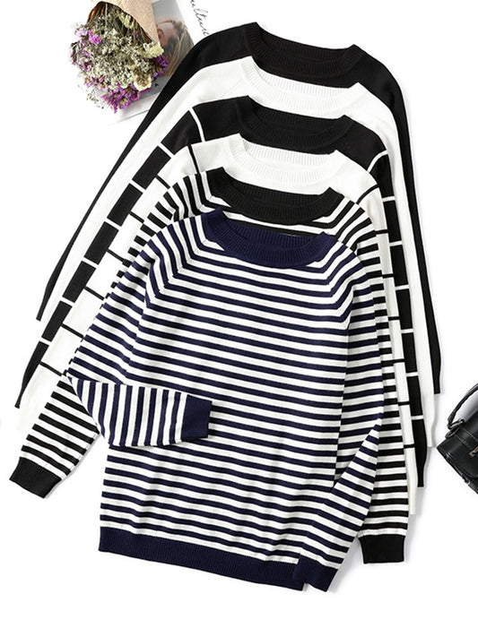 Black, Navy, White Striped Knitted Pullover Sweater