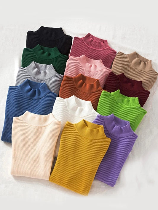 Turtleneck Ribbed Knitted Pullover Black, white, pink, green, yellow, blue Top 