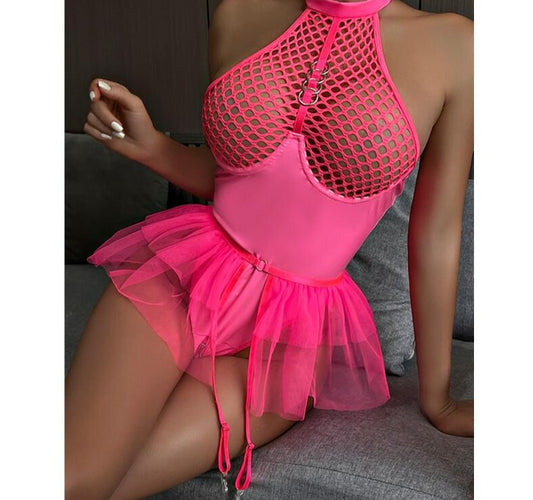 Women Mesh Pu Leather Bodysuit Lingerie