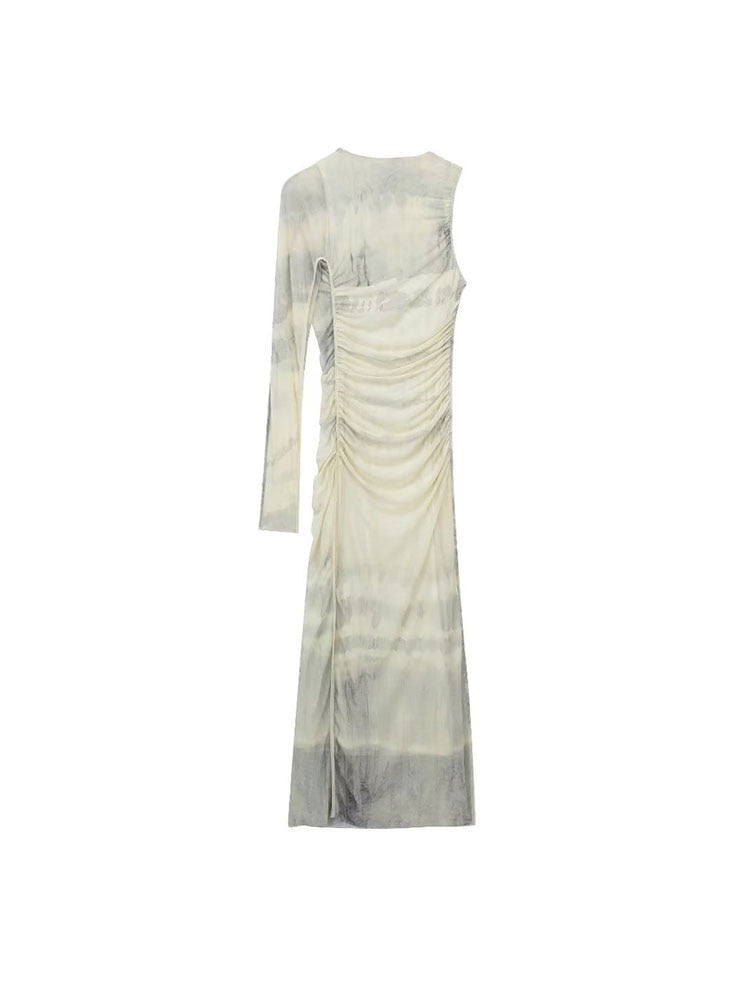 Women Fashion Printed Tulle Semi-sheer Midi white Dress