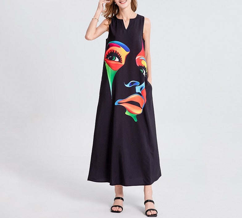 Women Black Sleeveless V-neck Loose Party Dresses