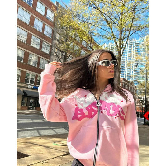 American Streetwear Printed Zipper Pink Hoodie