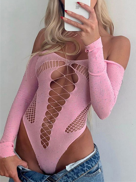 Women Off-Shoulder Hollow Out Mesh Sheer  pink Lingerie Top