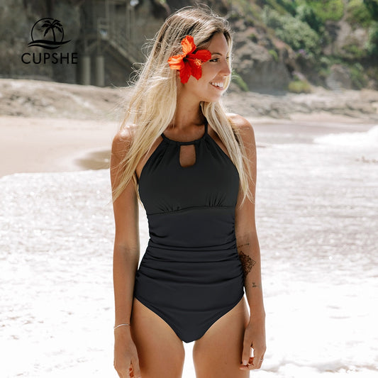 Lace Up Back One-Piece Cut Out tummy control Black Swimsuit