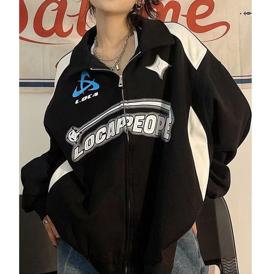 Letter Print Zipper Jacket Black sweatshirt