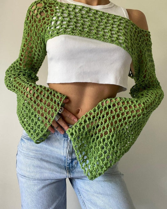 Summer Green Long Sleeve Smock Knitted Crop Top