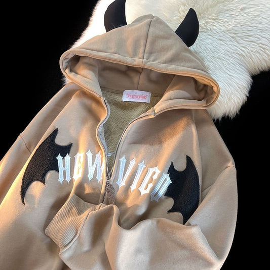 American Retro Little Devil Horn Cream Hoodies