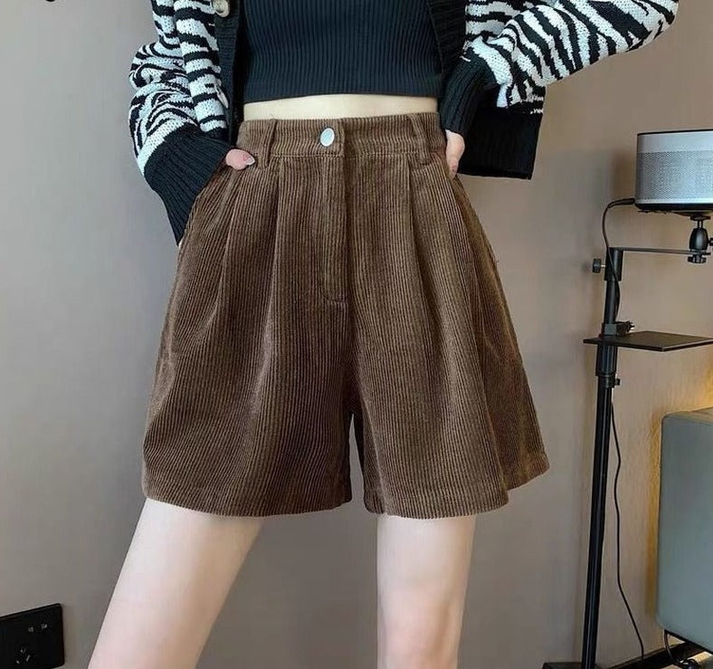 Women Wide Leg Corduroy High Waist Shorts