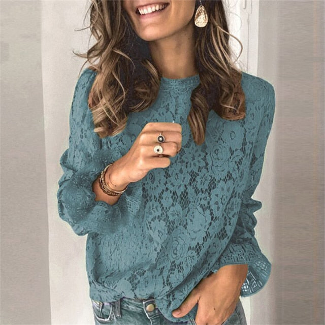 Lace & Ruffles detail Long Sleeve Blouse Blue