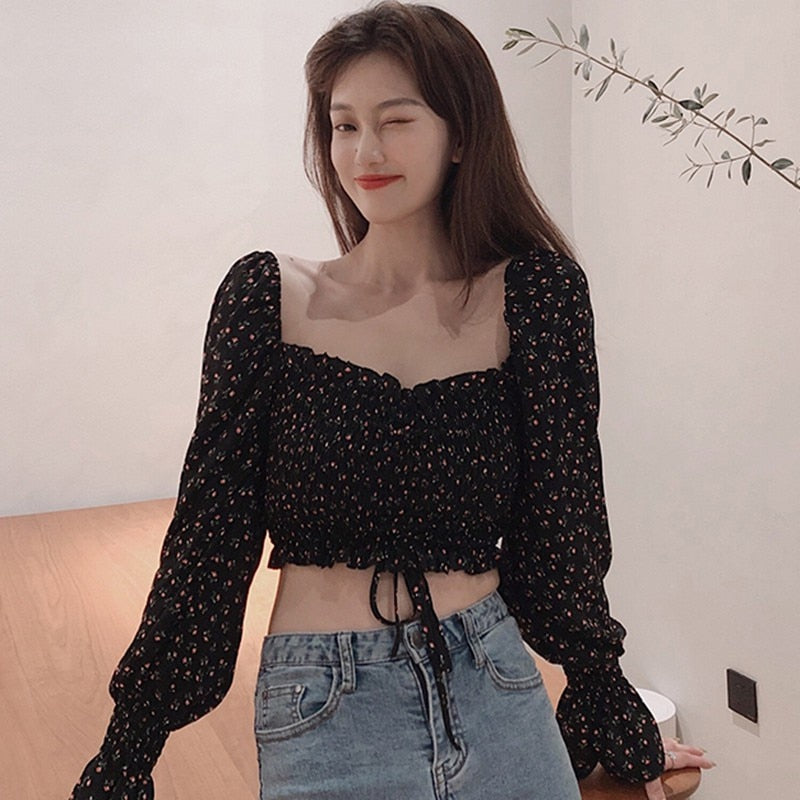 Long sleeve Square Collar Floral print Stylish Crop Top