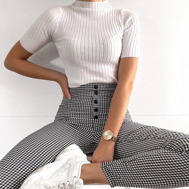 High Waist Checked Trousers