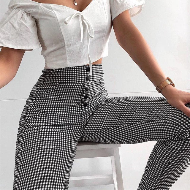 High Waist Checked High Quality Trousers