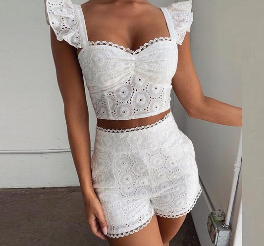 Lace Ruffles White Top & Shorts Set