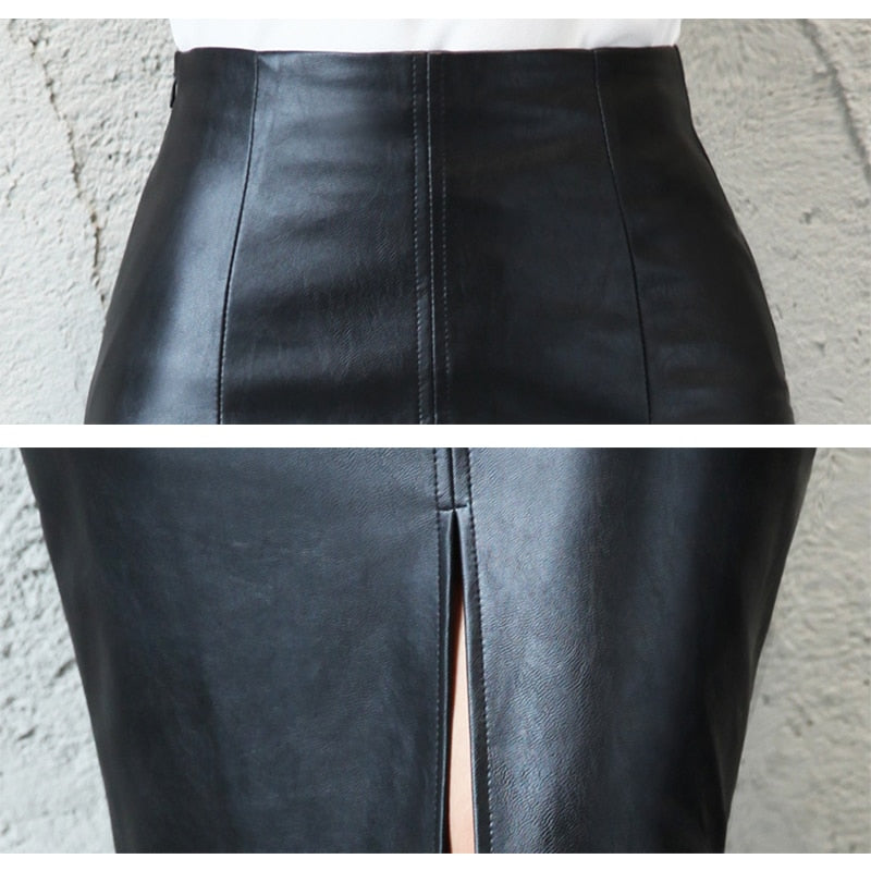 Faux Leather Bodycon Split Skirt