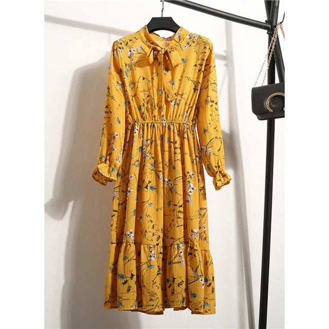 Long sleeve Floral Printed Chiffon Shirt Dress