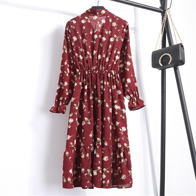 Long sleeve Floral Printed Chiffon Shirt Dress