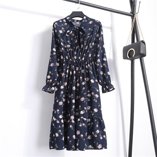 Long sleeve Floral Printed Chiffon Shirt Dress