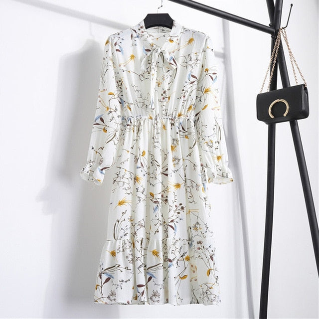 Long sleeve Floral Printed Chiffon Shirt Dress