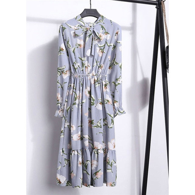 Long sleeve Floral Printed Chiffon Shirt Dress