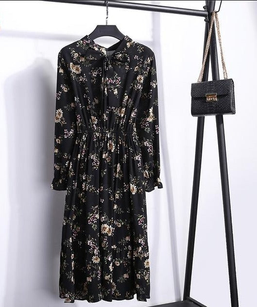 Long sleeve Floral Printed Chiffon Shirt Dress