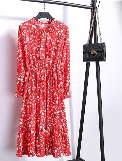 Long sleeve Floral Printed Chiffon Shirt Dress