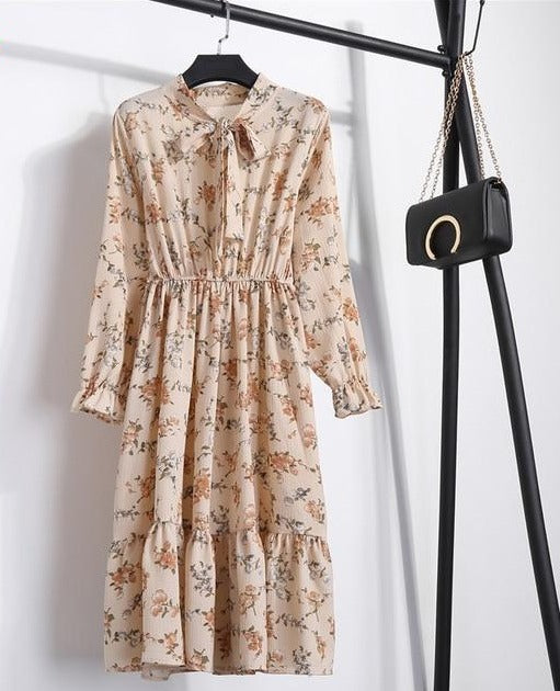 Long sleeve Floral Printed Chiffon Shirt Dress