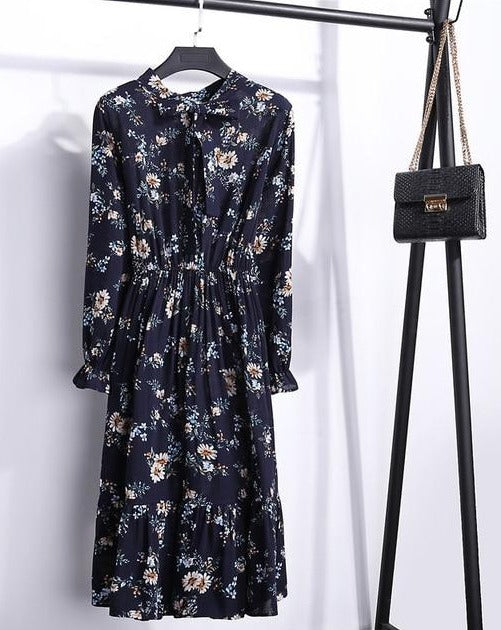 Long sleeve Floral Printed Chiffon Shirt Dress