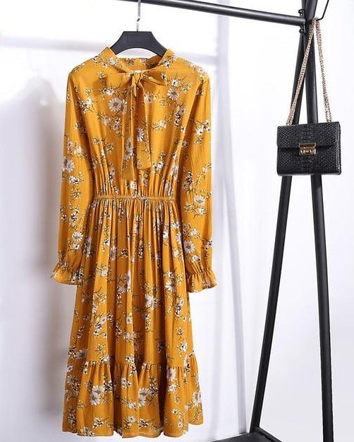 Long sleeve Floral Printed Chiffon Shirt Dress