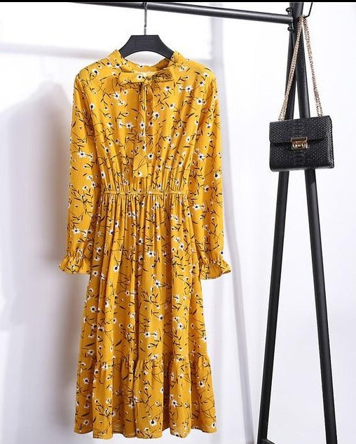 Long sleeve Floral Printed Chiffon Shirt Dress