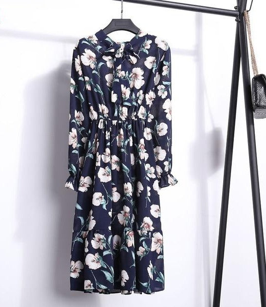 Long sleeve Floral Printed Chiffon Shirt Dress