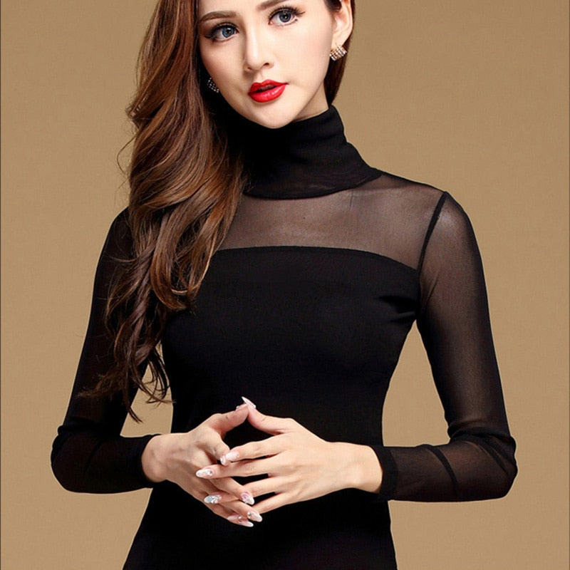 Turtleneck Long Sleeve Mesh Top