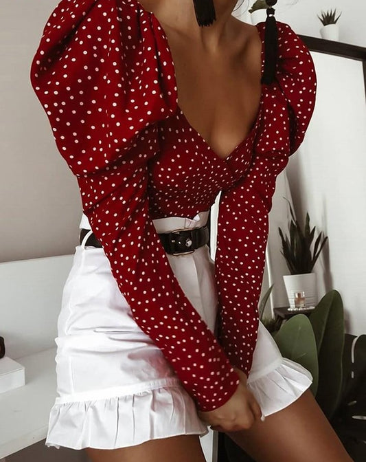 Vintage Polka Dot Puff Long Sleeve Red Top