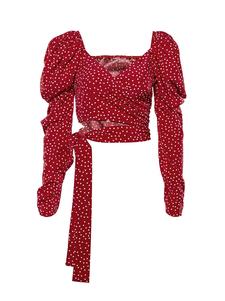 Vintage Polka Dot Puff Long Sleeve Red Top