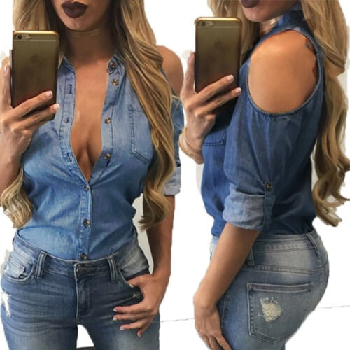 Casual Blue Denim style Long Sleeve Blouse