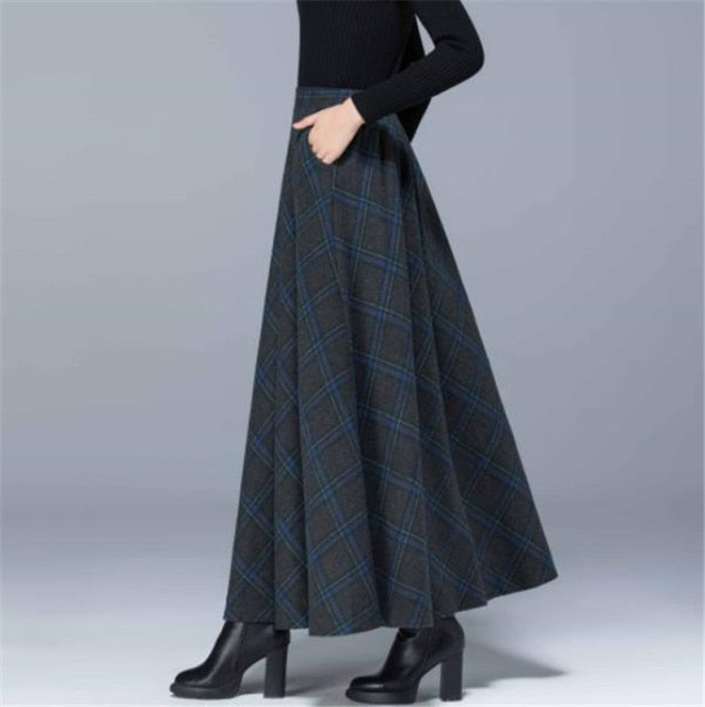 Stylish Maxi Check Winter Skirt Dark gray blue