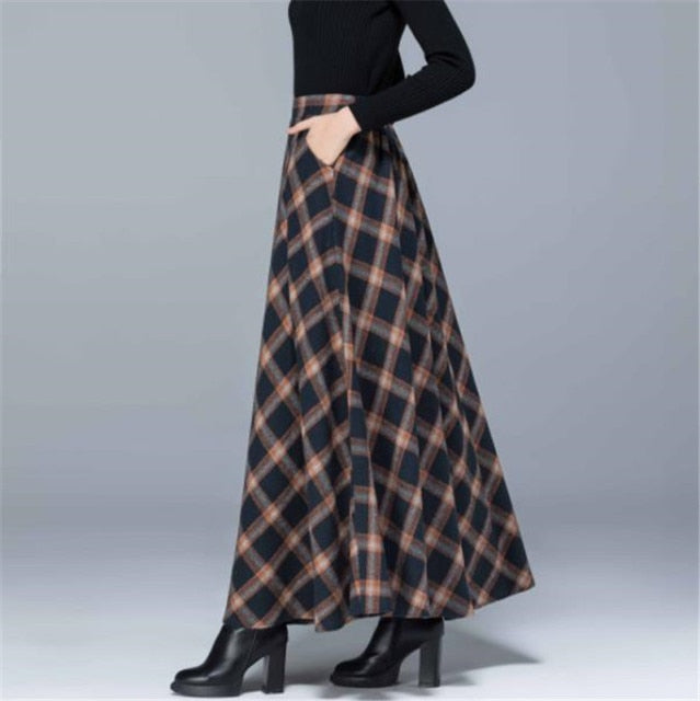 Stylish Maxi Check Winter Skirt navy yellow