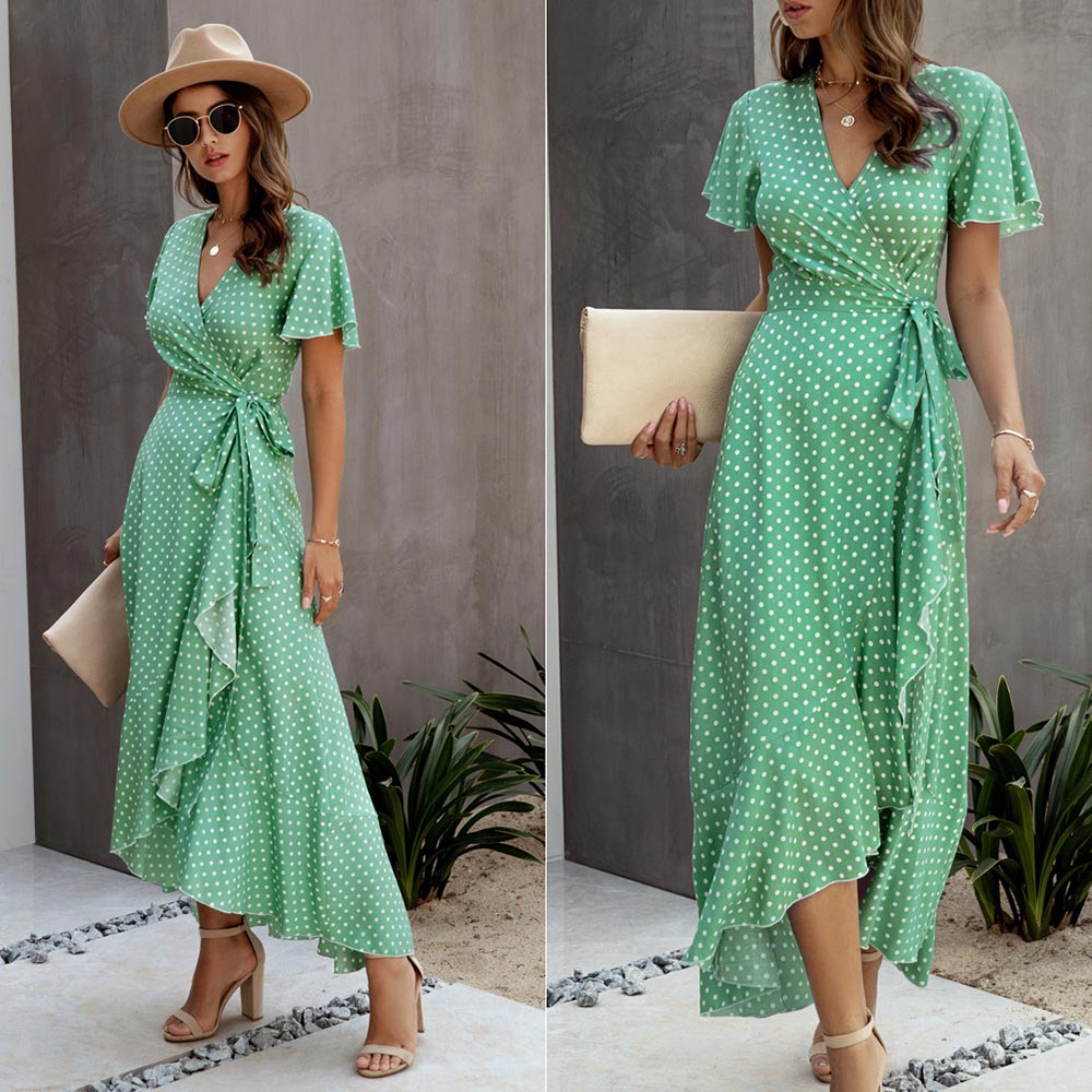 Polka dot Ruffles Short Sleeve Wrap Dress