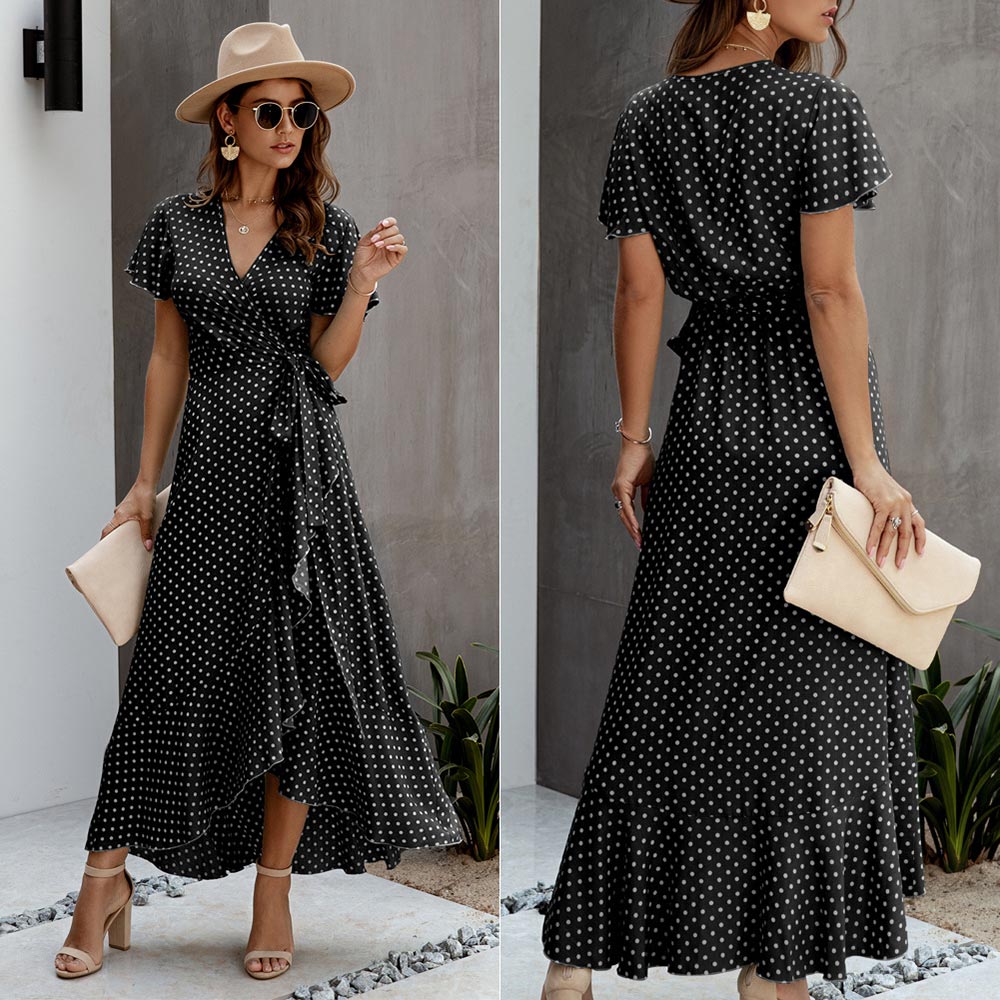 Polka dot Ruffles Short Sleeve Wrap Dress