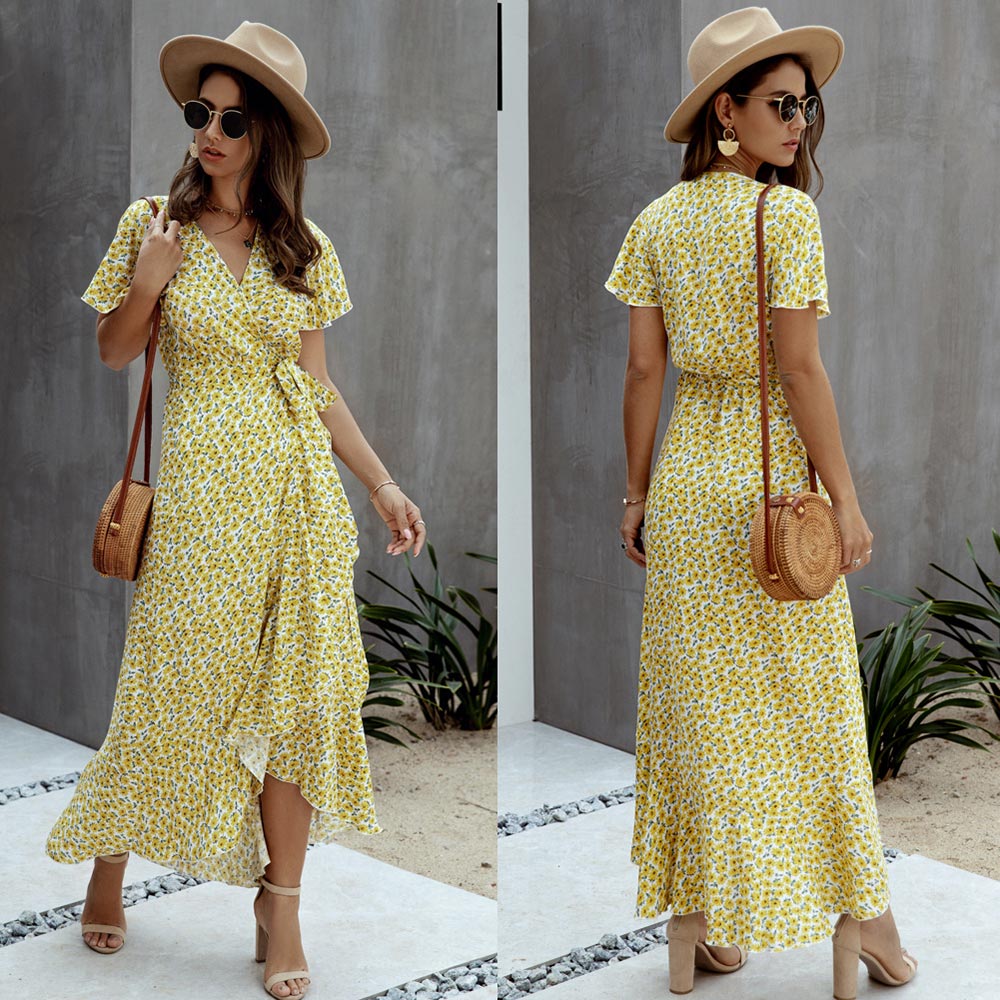 Polka dot Ruffles Short Sleeve Wrap Dress