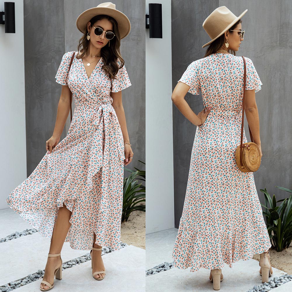 Polka dot Ruffles Short Sleeve Wrap Dress