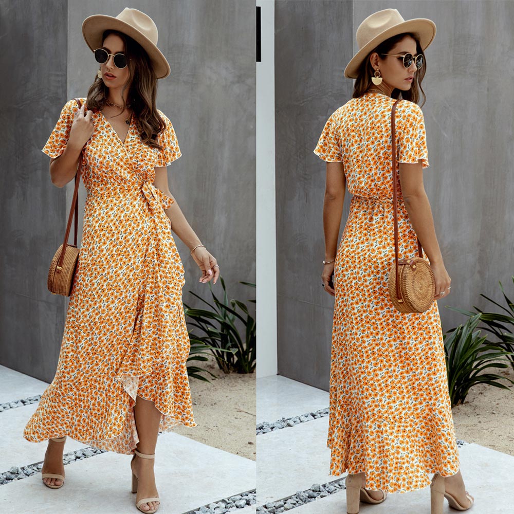 Polka dot Ruffles Short Sleeve Wrap Dress