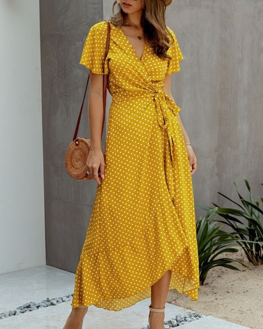 Polka dot Ruffles Short Sleeve Wrap Dress