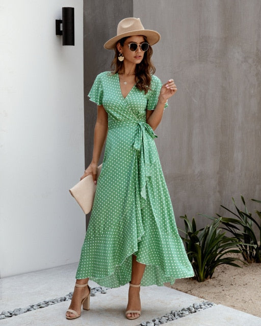 Polka dot Ruffles Short Sleeve Wrap Dress