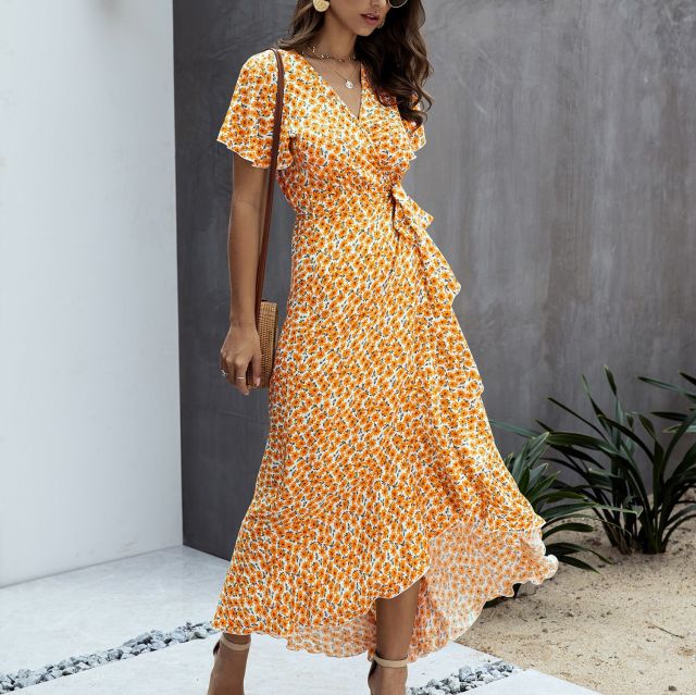 Polka dot Ruffles Short Sleeve Wrap Dress