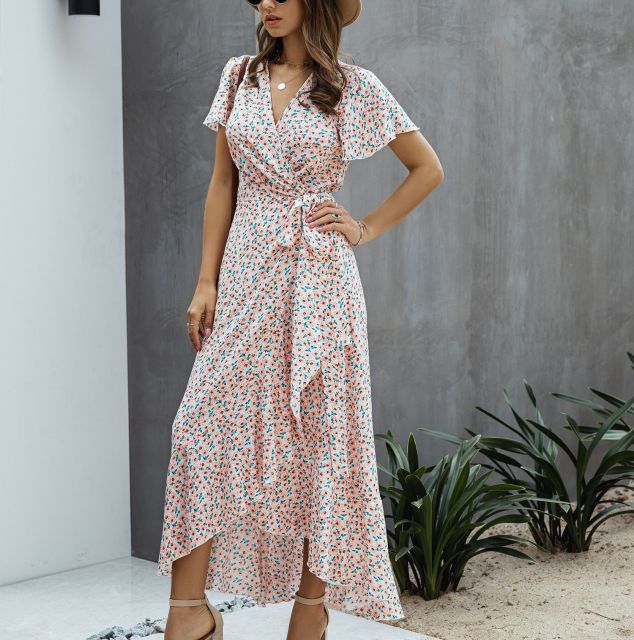 Polka dot Ruffles Short Sleeve Wrap Dress