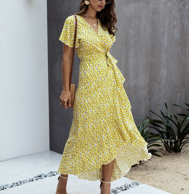 Polka dot Ruffles Short Sleeve Wrap Dress