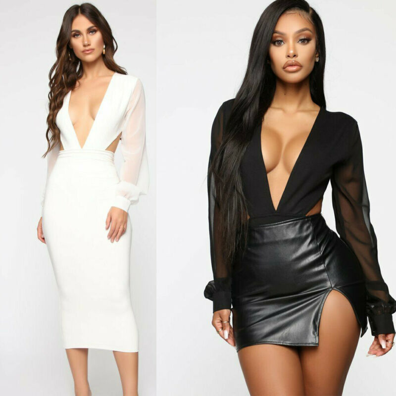 Deep V neck Long Sleeve Bodysuit