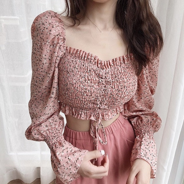 Long sleeve Square Collar Floral print Crop Top