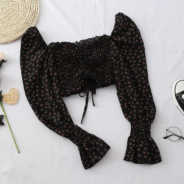 Long sleeve Square Collar Floral print Crop Top