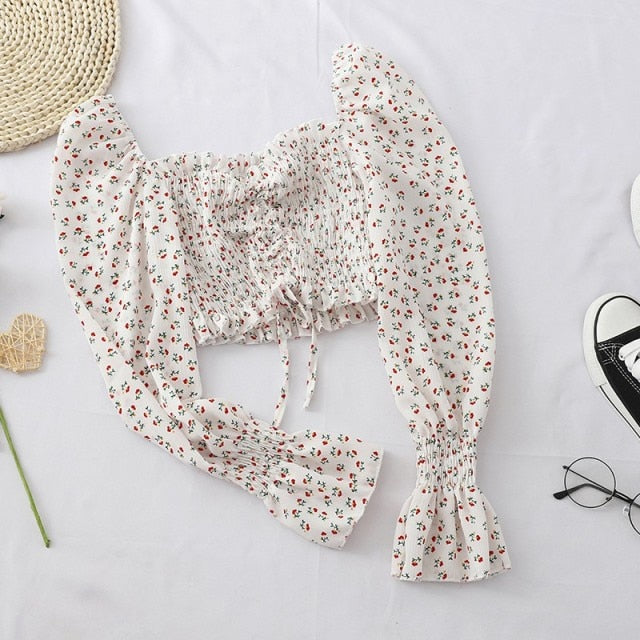 Long sleeve Square Collar Floral print Crop Top